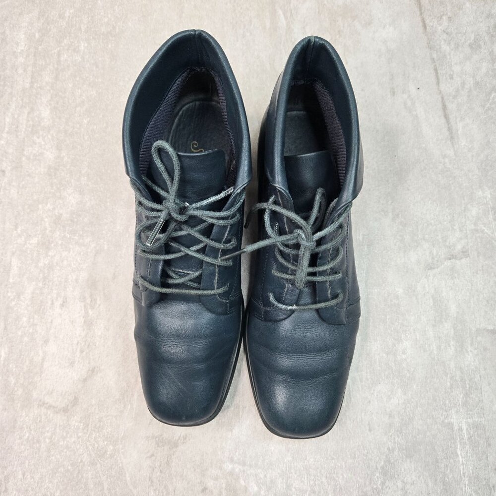 Vintage Square Toe Ankle Bootie Sz 6 Navy Blue Leather Retro Grunge Lace Up Boot - Picture 2 of 10